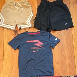 Nike Boys 3-Piece Athletic Set - Navy Tee, Black Shorts, Tan Mesh Shorts